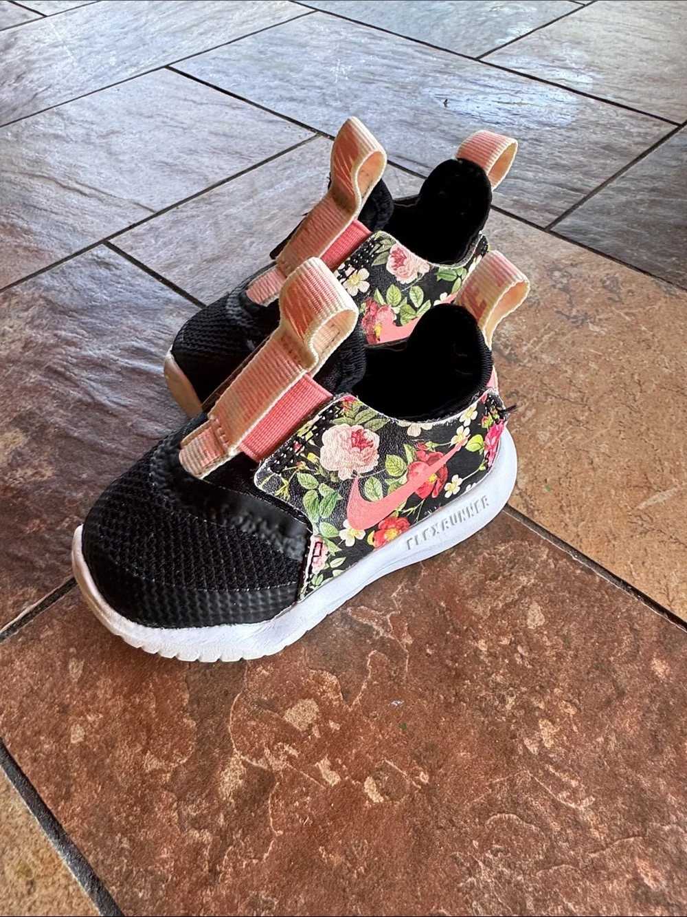 Nike Kids Black Floral Slip-On Sneakers with Pink Accents